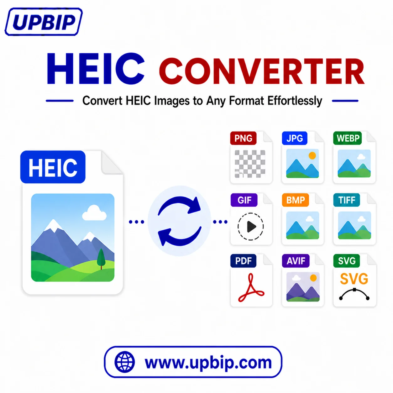 UPBIP HEIC Converter online — convert iPhone HEIC photos to JPG, PNG and other formats, browser-based at upbip.com