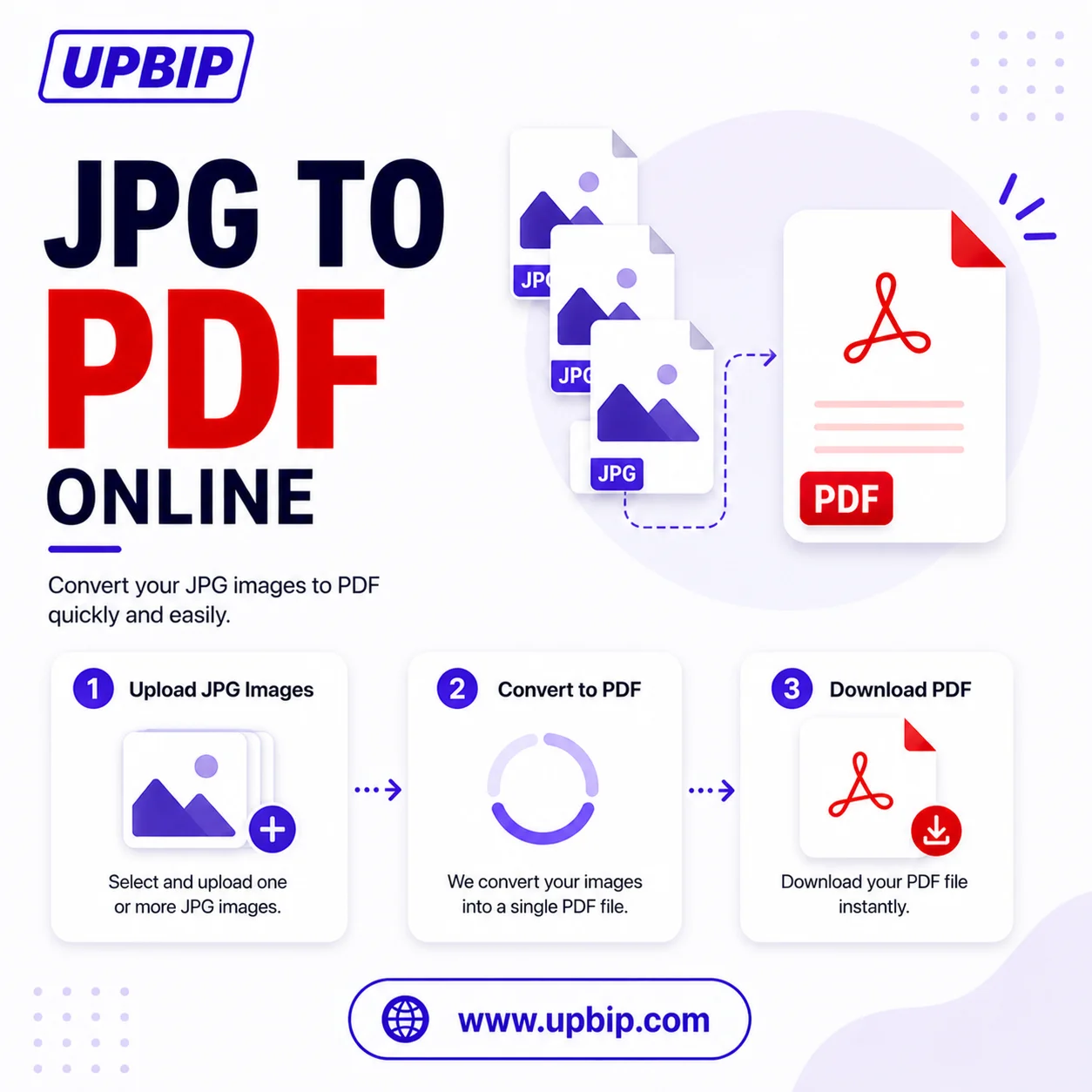 UPBIP JPG to PDF online — convert JPG and PNG images into a single PDF document instantly, browser-based at upbip.com