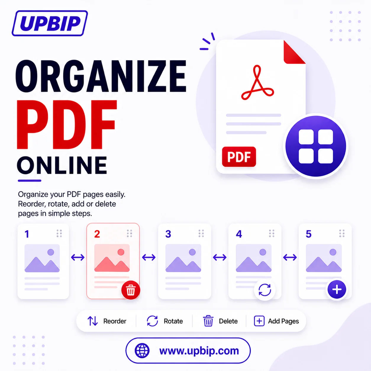 UPBIP Organize PDF online — reorder, rotate, delete and add pages in any PDF document, browser-based at upbip.com